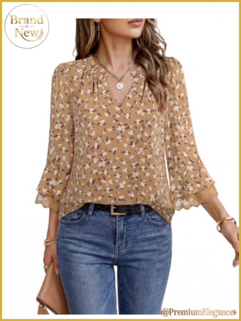 Chiffon V-Neck Blouse 3/4 Lace Sleeve Work Top